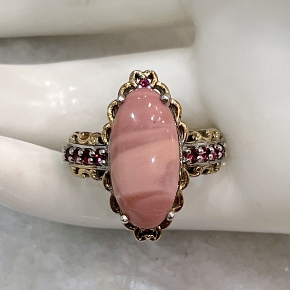 Australian Pink Opal Rhodolite Garnet 14K YG Sterling Silver Ring Sz 8